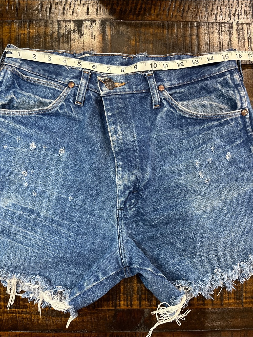 Wrangler Blue Distressed Denim Cutoff Shorts - Picture 6 of 7